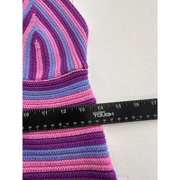 Wild Fable Striped Knit Halter Dress V-Neck Open Back Crochet Boho Rainbow Retro - Picture 12 of 14